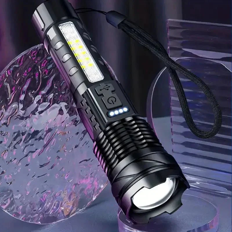 Latarka LED 5000 lumenów, aluminiowa, wodoodporna, wielofunkcyjna z różnymi trybami, idealna na zewnątrz.