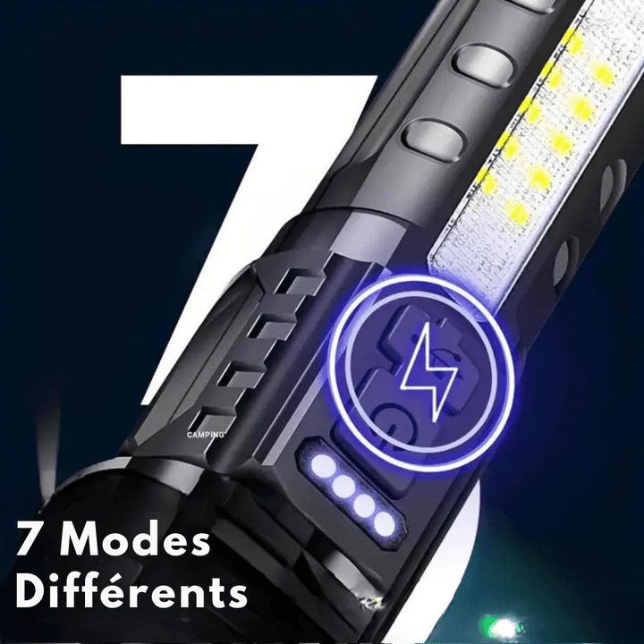 Latarka LED 5000 lumenów, aluminiowa, wodoodporna, wielofunkcyjna z różnymi trybami, idealna na zewnątrz.