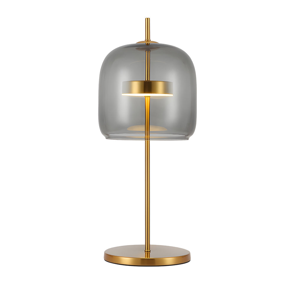 Lampa stołowa z przydymionego szkła, nowoczesny design, miękkie światło, idealna do wystroju wnętrz, ciepła atmosfera.