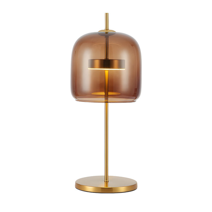 Lampa stołowa z przydymionego szkła, nowoczesny design, miękkie światło, idealna do wystroju wnętrz, ciepła atmosfera.