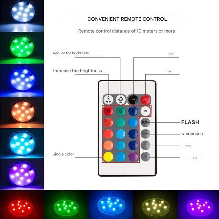Wodoodporna podwodna lampa LED ze zdalnym sterowaniem, 16 kolorów, różne tryby oświetlenia do basenu lub stawu.