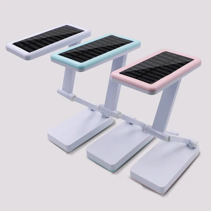 Składana lampa LED solarna, kompaktowa konstrukcja, w kolorach białym, różowym, zielonym do wnętrz i na zewnątrz.