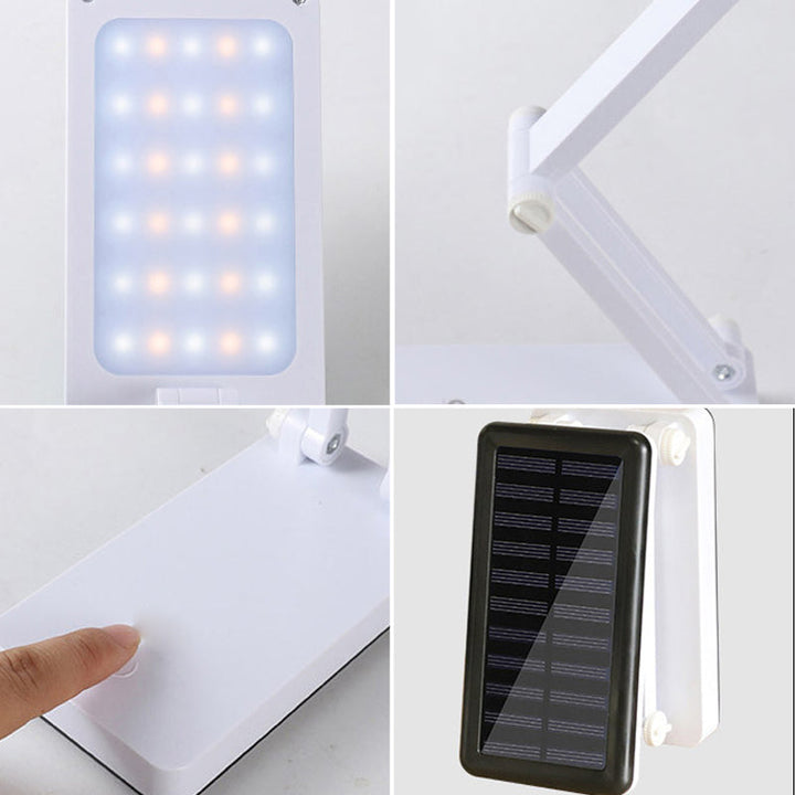 Składana lampa LED solarna, kompaktowa konstrukcja, w kolorach białym, różowym, zielonym do wnętrz i na zewnątrz.
