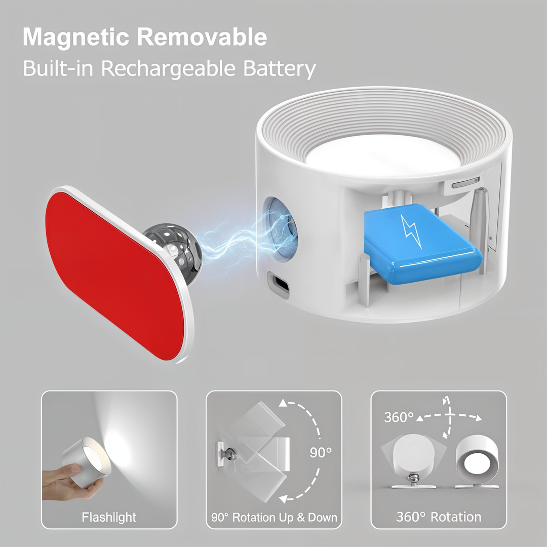 Bezprzewodowa lampa ścienna LED, magnetyczna, ładowalna, nowoczesny design, łatwa instalacja, biała, do salonu i korytarza.