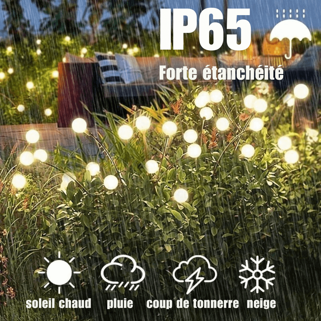 Zewnętrzna lampa solarna LED, efekt świetlików, magiczne oświetlenie ogrodu, odporność na warunki atmosferyczne, nowoczesny elegancki design.