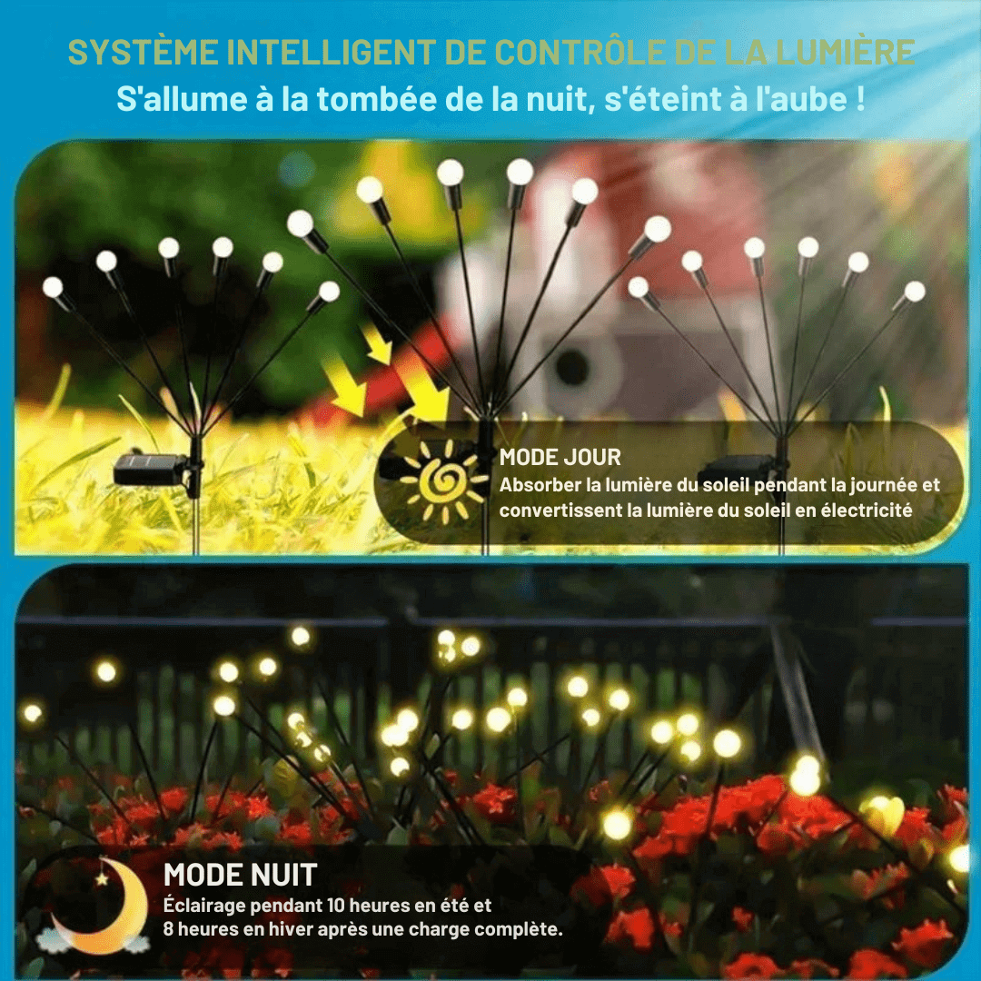 Zewnętrzna lampa solarna LED, efekt świetlików, magiczne oświetlenie ogrodu, odporność na warunki atmosferyczne, nowoczesny elegancki design.