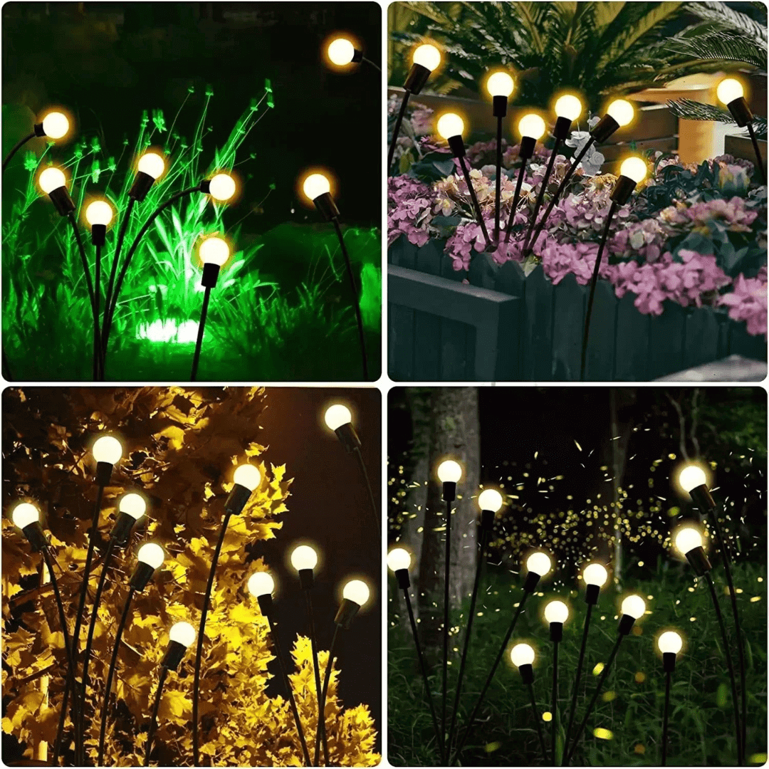 Zewnętrzna lampa solarna LED, efekt świetlików, magiczne oświetlenie ogrodu, odporność na warunki atmosferyczne, nowoczesny elegancki design.
