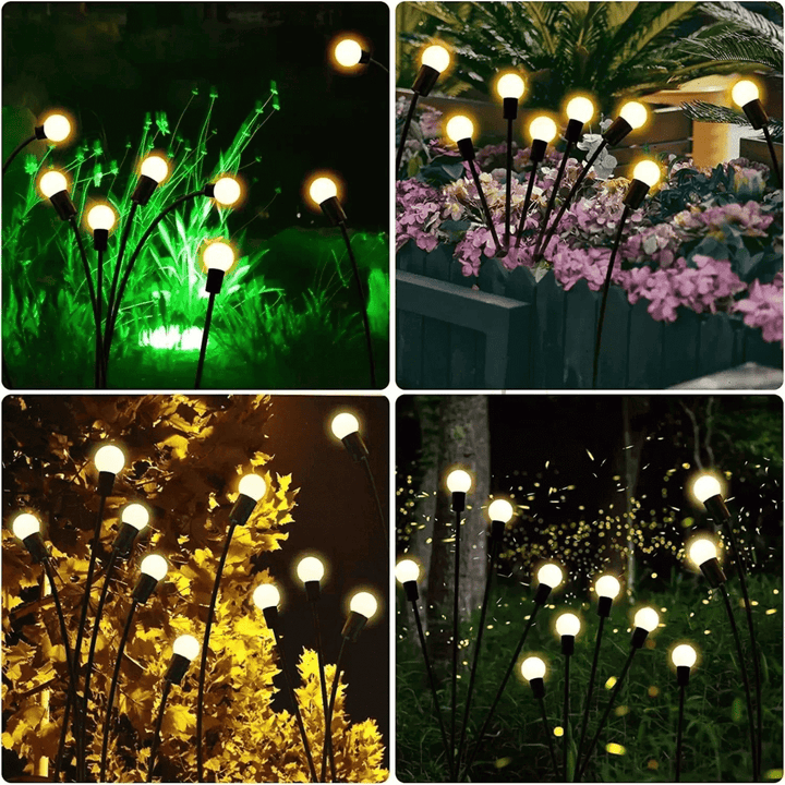 Zewnętrzna lampa solarna LED, efekt świetlików, magiczne oświetlenie ogrodu, odporność na warunki atmosferyczne, nowoczesny elegancki design.