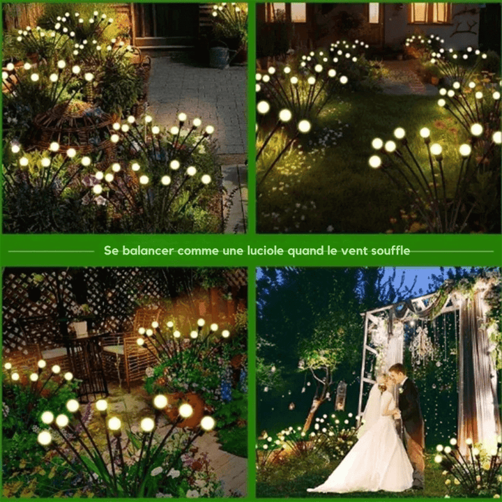 Zewnętrzna lampa solarna LED, efekt świetlików, magiczne oświetlenie ogrodu, odporność na warunki atmosferyczne, nowoczesny elegancki design.