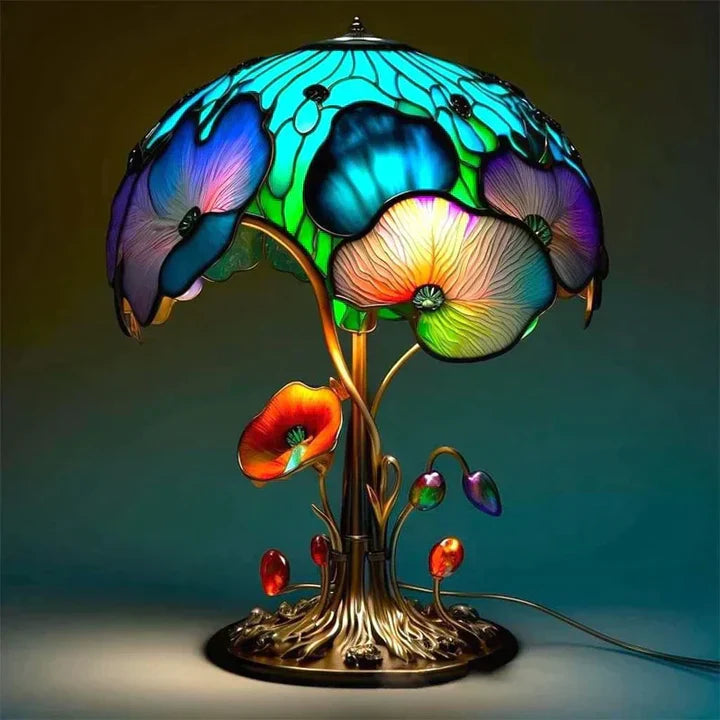 Ręcznie wykonana lampa witrażowa, kolorowe szkło rozpraszające kojące światło, tworząc ciepłą i elegancką atmosferę.