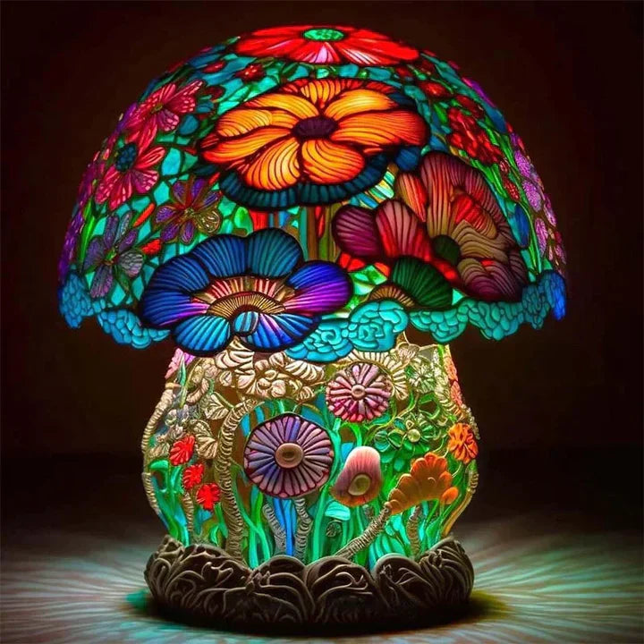 Ręcznie wykonana lampa witrażowa, kolorowe szkło rozpraszające kojące światło, tworząc ciepłą i elegancką atmosferę.