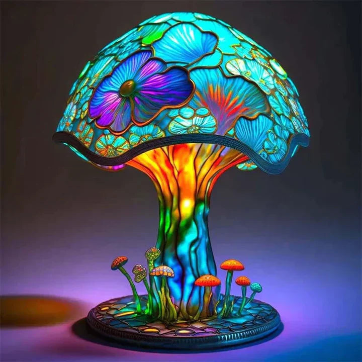 Ręcznie wykonana lampa witrażowa, kolorowe szkło rozpraszające kojące światło, tworząc ciepłą i elegancką atmosferę.