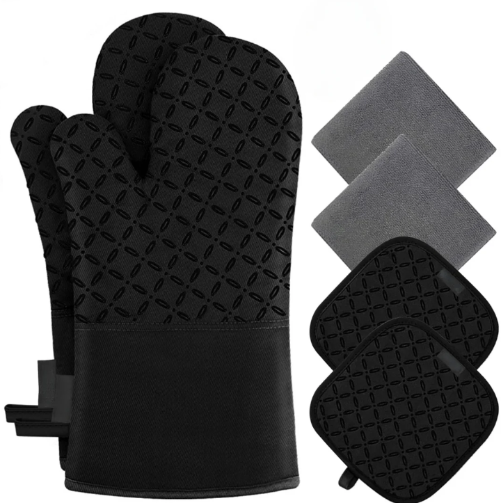 Zestaw 6 rękawic kuchennych i łapek, ochrona termiczna 250°C, ergonomiczny design w nowoczesnym kolorze, bezpieczna kuchnia.