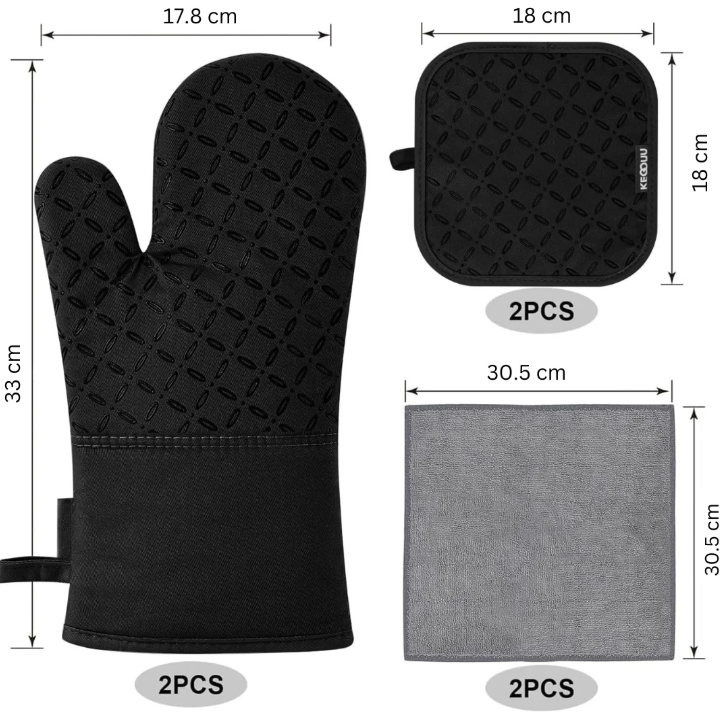 Zestaw 6 rękawic kuchennych i łapek, ochrona termiczna 250°C, ergonomiczny design w nowoczesnym kolorze, bezpieczna kuchnia.