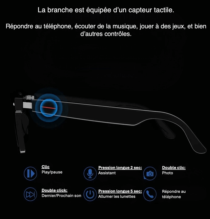 Inteligentne okulary przeciwsłoneczne Nortik, widok z przodu, z wbudowanym aparatem i eleganckimi funkcjami Bluetooth.