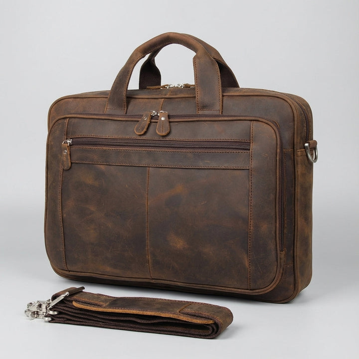 Brązowa męska torba biznesowa na laptopa 17 cali, skóra vintage. Praktyczna do pracy, podróży, na dokumenty.