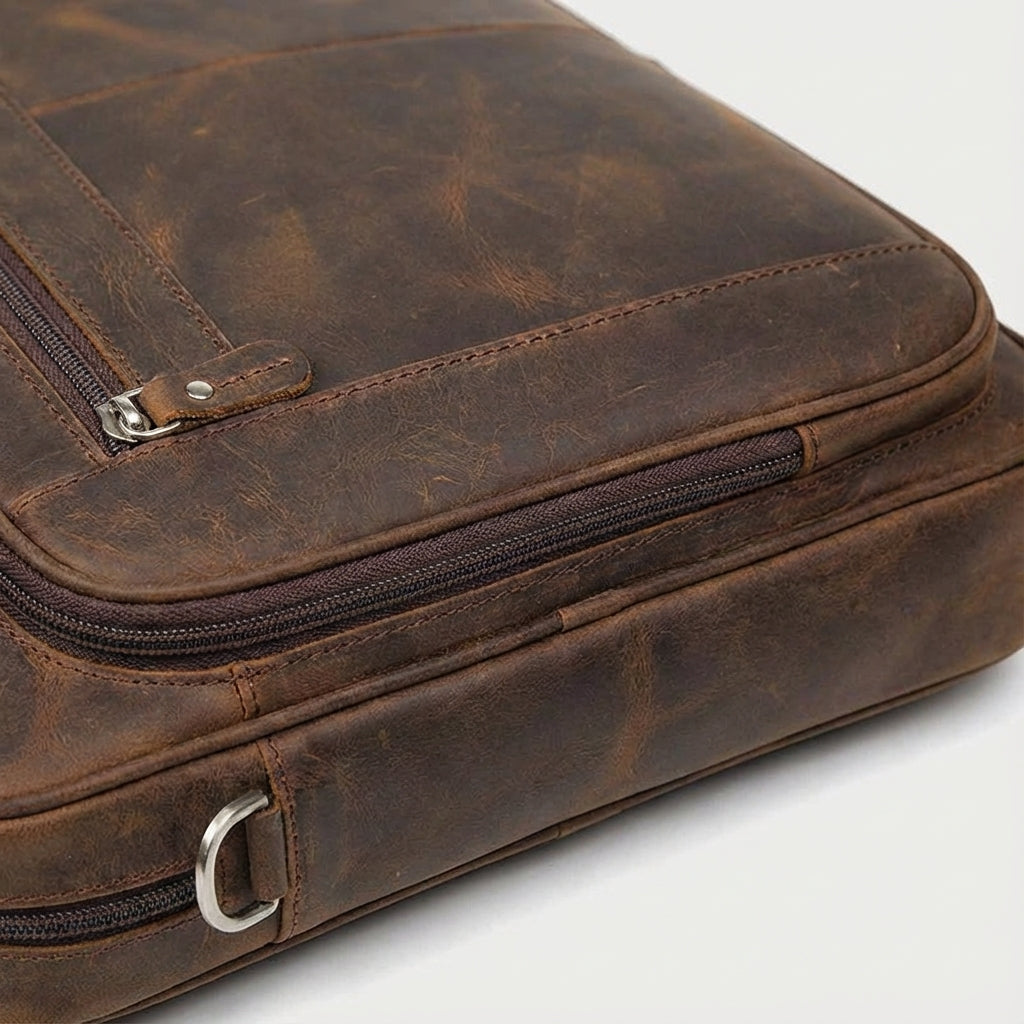 Duża męska torba na laptopa 17 cali, brązowa skóra. Elegancka, biznesowa, funkcjonalna na dokumenty i podróże.
