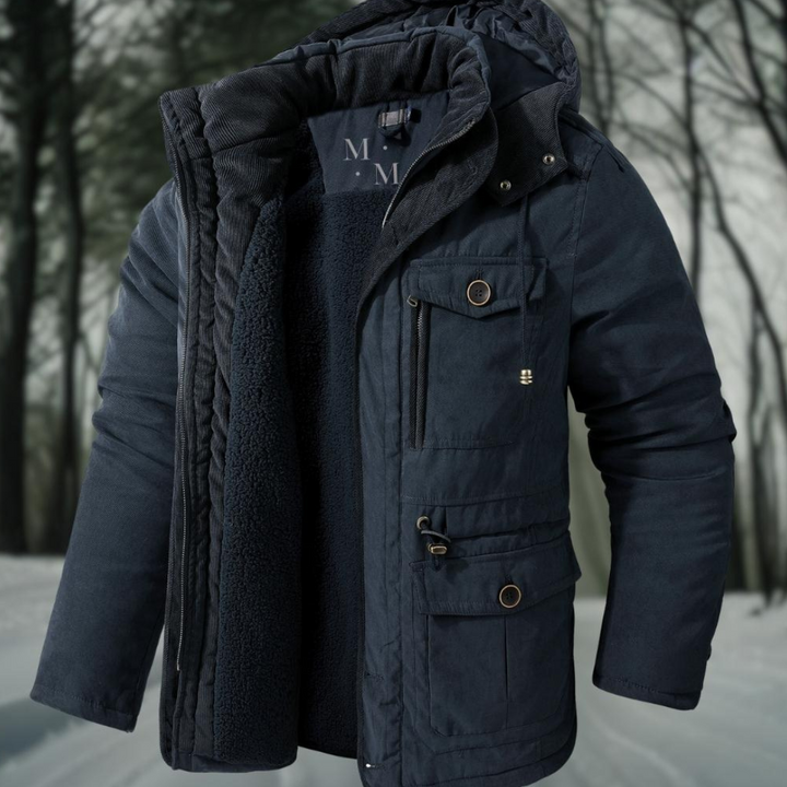 Ciepła męska kurtka parka zimowa, ocieplana, z kapturem. Funkcjonalna, modna odzież outdoor na co dzień.