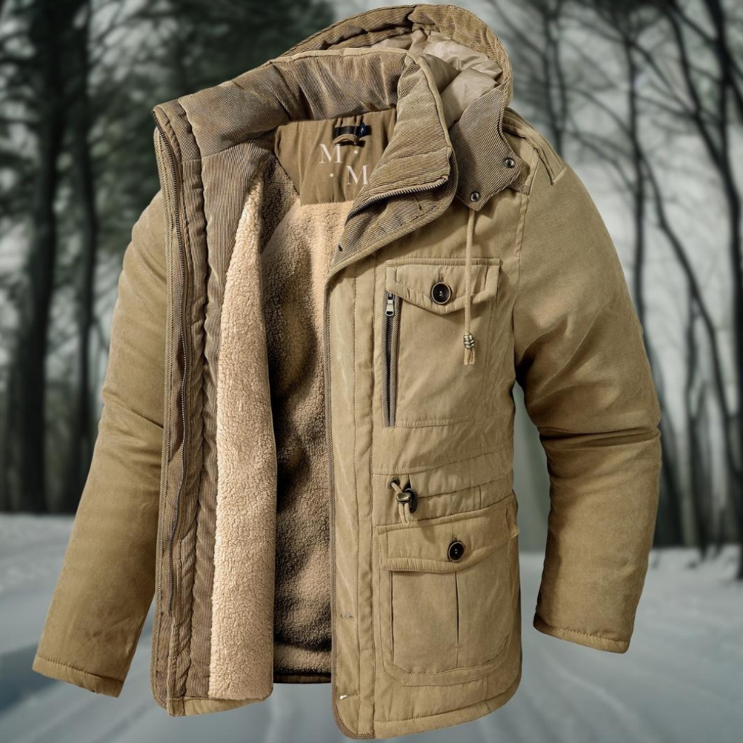 Wygodna męska kurtka zimowa, ocieplana, z kapturem. Praktyczna odzież męska na zimę, casual i outdoor.