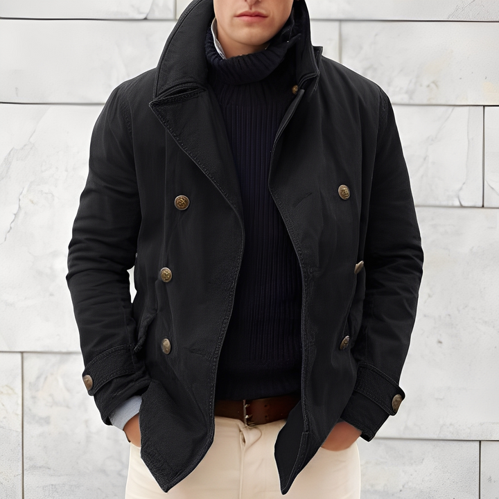 Elegancka męska kurtka zimowa z guzikami, idealna do stylizacji casualowych i smart-casual.