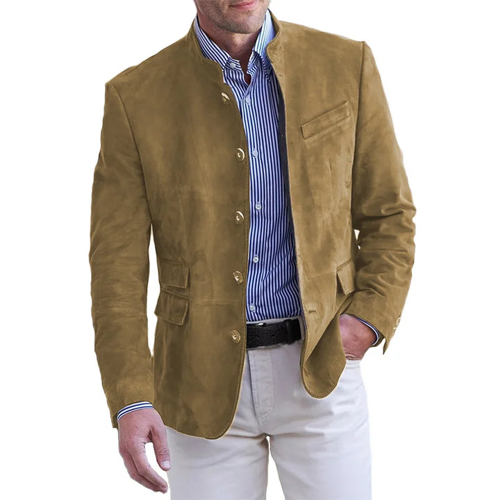 Męska marynarka ze stójką, granatowa, elegancka i komfortowa na każdą okazję, styl casual i biznes.