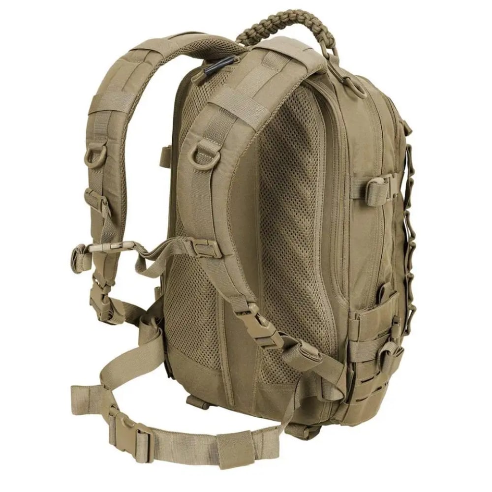 Detale systemu MOLLE na męskim plecaku taktycznym Explorer 30L, gotowy na dodatkowy sprzęt survival.