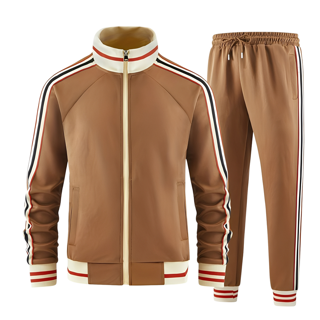 Męski stylowy zestaw sportowy z paskami, idealny na jesień/zimę. Komfortowy dres do aktywności i casualowych stylizacji.