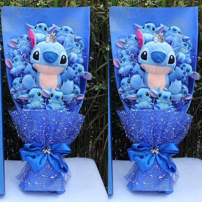 Wspaniały bukiet kolorowych pluszaków Stitch, oryginalny i uroczy, idealny na wzruszający i dekoracyjny prezent.