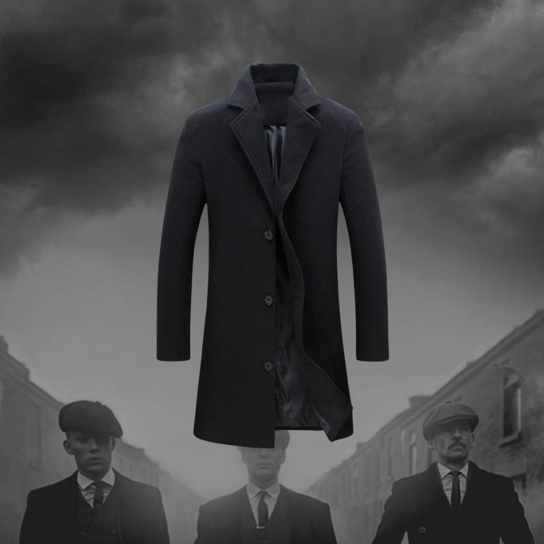 Męski płaszcz Tommy's Garrison w stylu Peaky Blinders, czarny, z termiczną podszewką, idealnym krojem, zapewniający ponadczasową i nowoczesną elegancję.