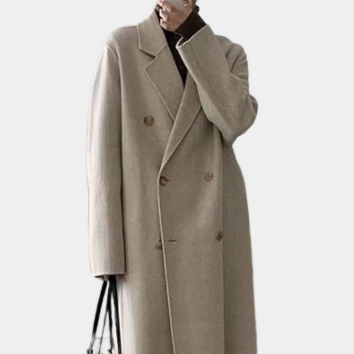 Długi płaszcz zimowy damski brązowo-beżowy, dwurzędowy, elegancki, ciepły i wygodny