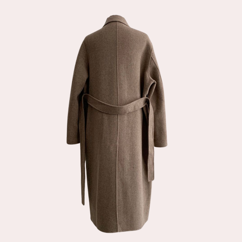 Długi płaszcz zimowy damski brązowo-beżowy, dwurzędowy, elegancki, ciepły i wygodny