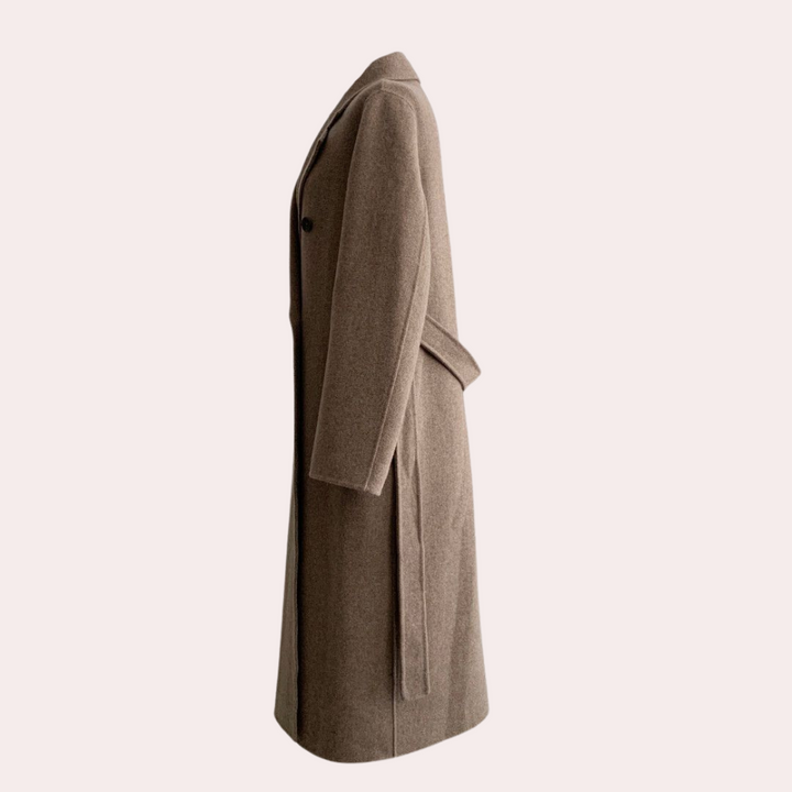 Długi płaszcz zimowy damski brązowo-beżowy, dwurzędowy, elegancki, ciepły i wygodny