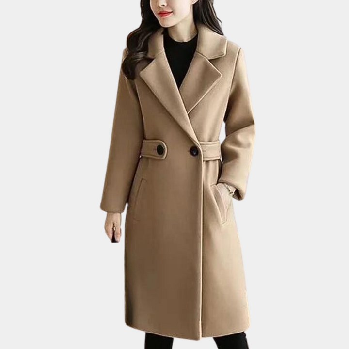 Elegancki damski płaszcz zimowy Sara, w kolorze khaki, widok z tyłu.