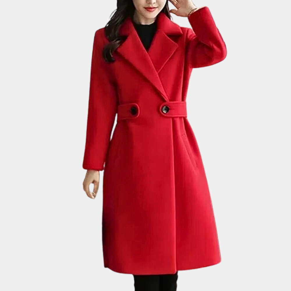 Elegancki damski płaszcz zimowy Sara, w kolorze khaki, podkreślający talię paskiem.