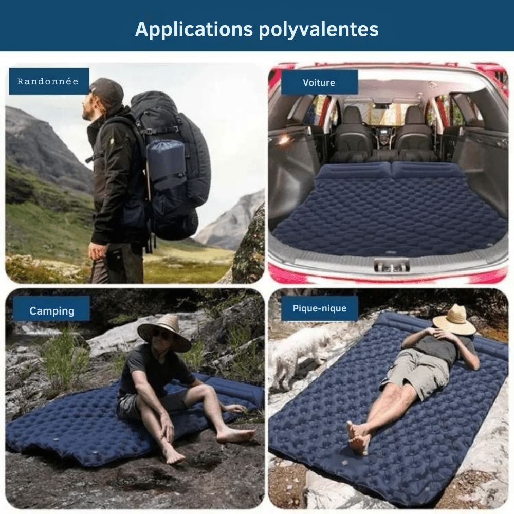 Lekki i wytrzymały podwójny materac dmuchany do campingu w kolorze khaki, zapewniający komfortowy sen podczas biwakowania.