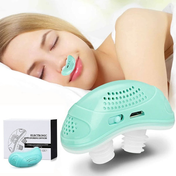Kompaktowy mini-aparat CPAP przeciwko chrapaniu, bez maski, z miękkimi silikonowymi końcówkami dla spokojnego snu.