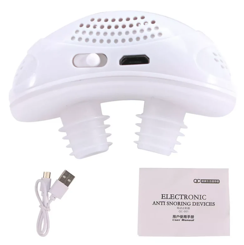 Kompaktowy mini-aparat CPAP przeciwko chrapaniu, bez maski, z miękkimi silikonowymi końcówkami dla spokojnego snu.