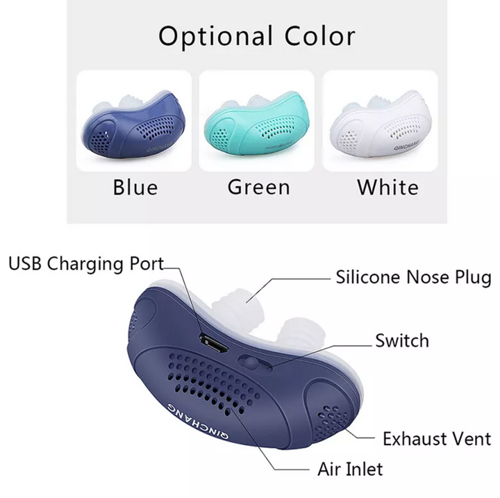 Kompaktowy mini-aparat CPAP przeciwko chrapaniu, bez maski, z miękkimi silikonowymi końcówkami dla spokojnego snu.