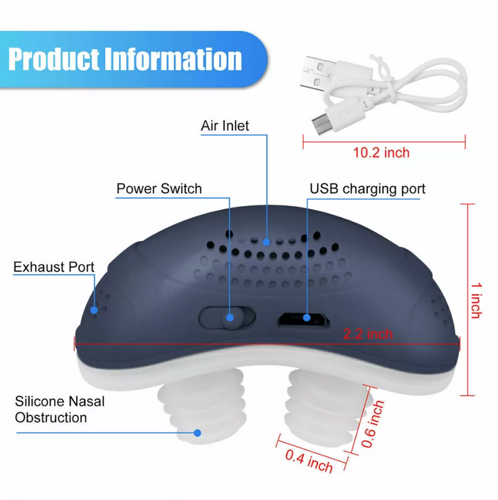 Kompaktowy mini-aparat CPAP przeciwko chrapaniu, bez maski, z miękkimi silikonowymi końcówkami dla spokojnego snu.
