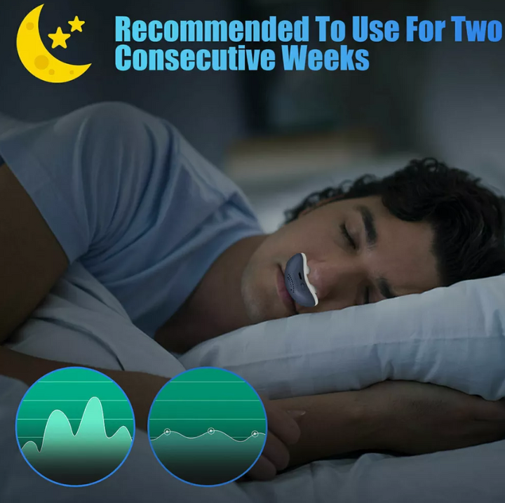 Kompaktowy mini-aparat CPAP przeciwko chrapaniu, bez maski, z miękkimi silikonowymi końcówkami dla spokojnego snu.
