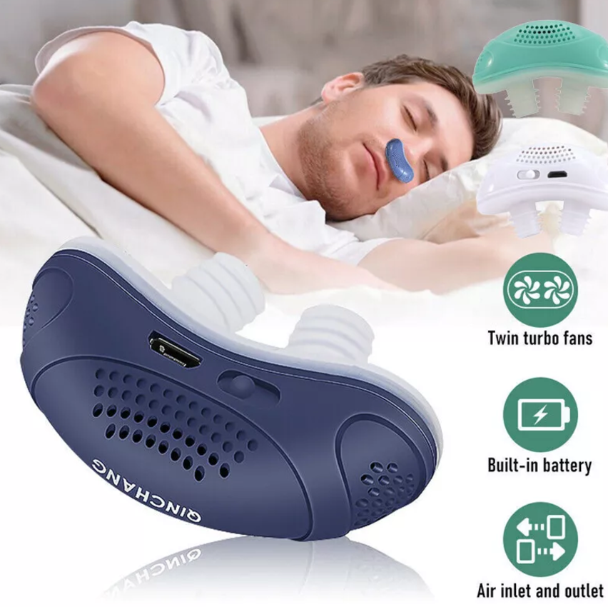 Kompaktowy mini-aparat CPAP przeciwko chrapaniu, bez maski, z miękkimi silikonowymi końcówkami dla spokojnego snu.