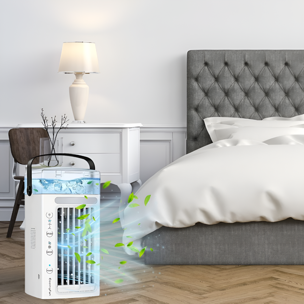 Kompaktowy i lekki przenośny mini klimatyzator na stole, o geometrycznym designie, idealny do szybkiego osobistego odświeżenia.