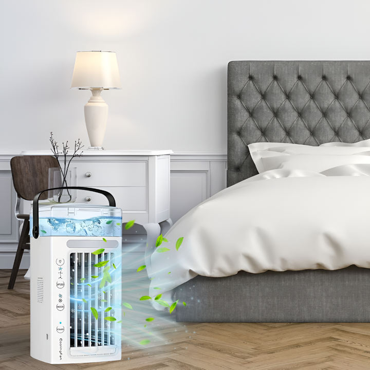 Kompaktowy i lekki przenośny mini klimatyzator na stole, o geometrycznym designie, idealny do szybkiego osobistego odświeżenia.