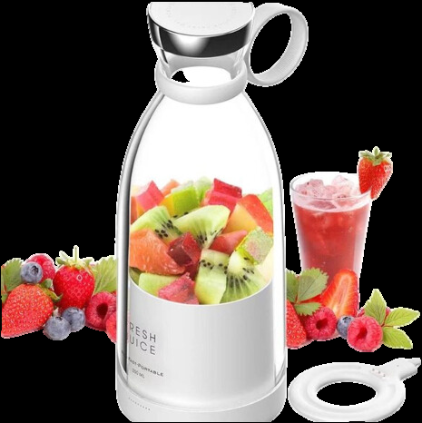 Kompaktowy przenośny blender do koktajli z pojemnikiem i zakrętką, nowoczesny biały design na białym tle