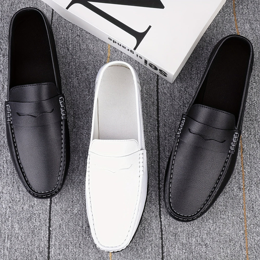 Męskie eleganckie mokasyny skórzane w kolorze czarnym, wygodne i stylowe, wyrafinowany design bez sznurowadeł, idealne do biura.