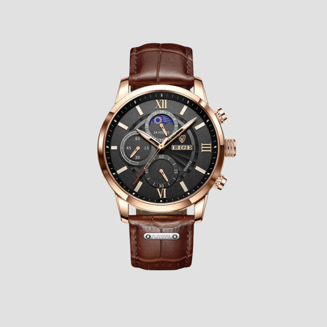 Elegancki klasyczny zegarek męski, koperta 43 mm, skórzany pasek, świecące detale, wyrafinowany design.