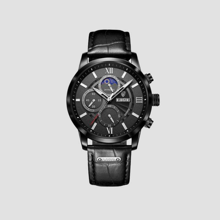 Elegancki klasyczny zegarek męski, koperta 43 mm, skórzany pasek, świecące detale, wyrafinowany design.