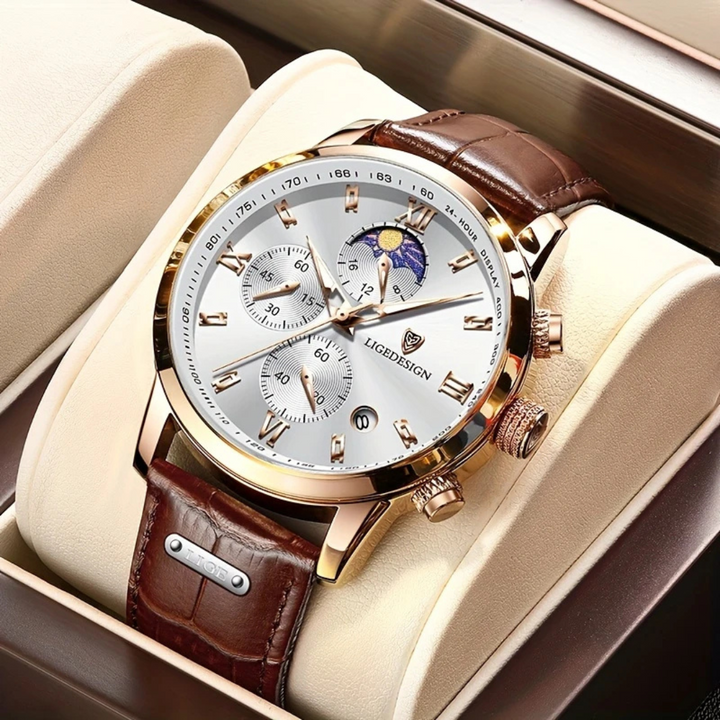 Elegancki klasyczny zegarek męski, koperta 43 mm, skórzany pasek, świecące detale, wyrafinowany design.