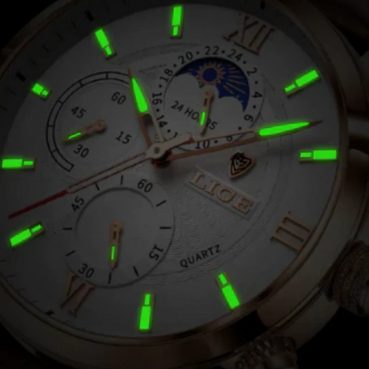 Elegancki klasyczny zegarek męski, koperta 43 mm, skórzany pasek, świecące detale, wyrafinowany design.