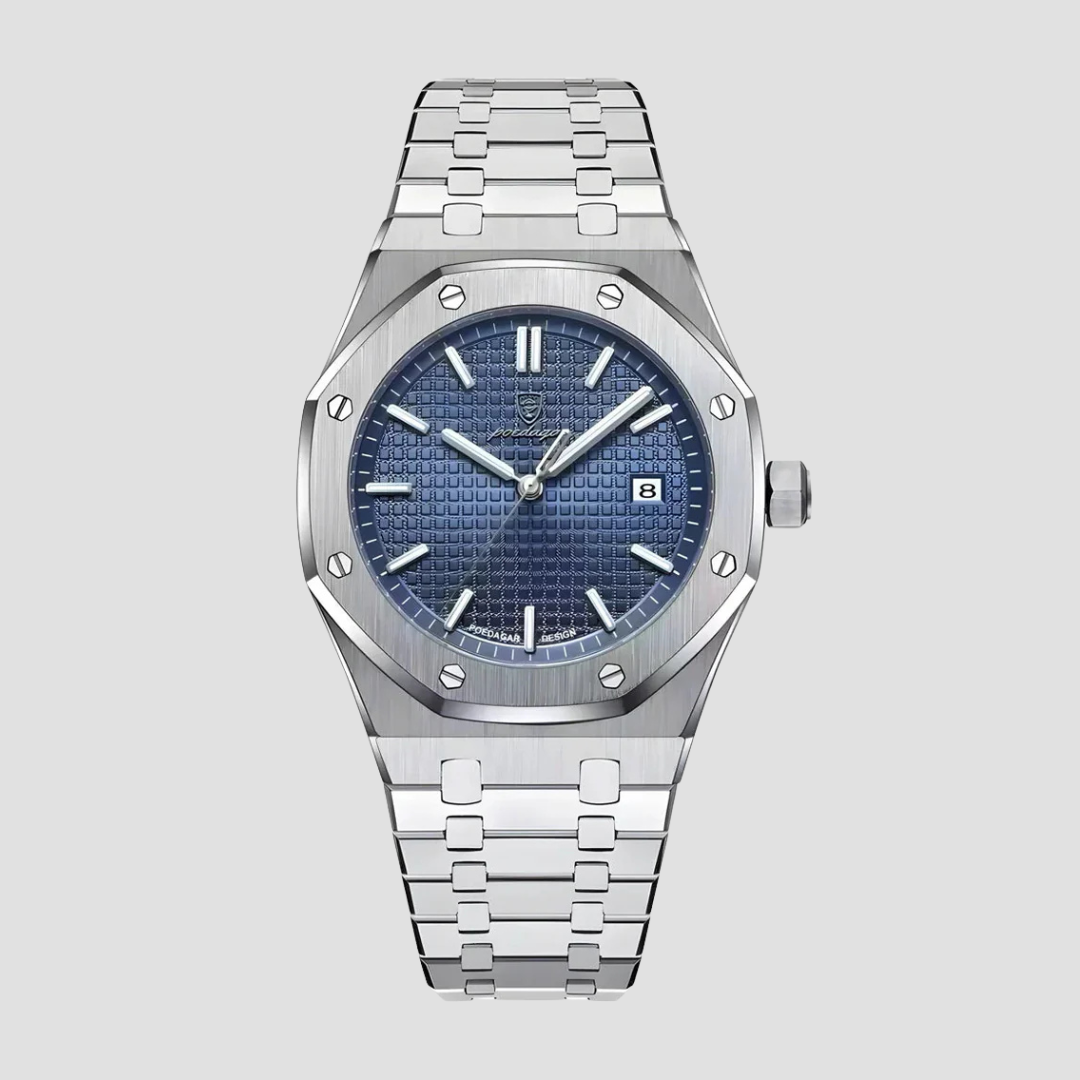 Klasyczny męski zegarek ze stali nierdzewnej, zintegrowana bransoleta, szafirowe szkło, 41 mm koperta.